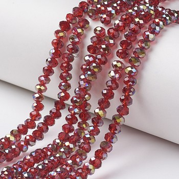 Electroplate Transparent Glass Beads Strands, Half Green Plated, Faceted, Rondelle, Dark Red, 4x3mm, Hole: 0.4mm, about 130pcs/strand, 16.54 inch(42cm)