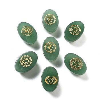 Natural Green Aventurine Oval Display Decorations, Engraved Chakra Symbol for Energy Balancing Meditation Therapy, 30~30.5x20x14~15mm, 7 styles, 1pc/style, 7pcs/set