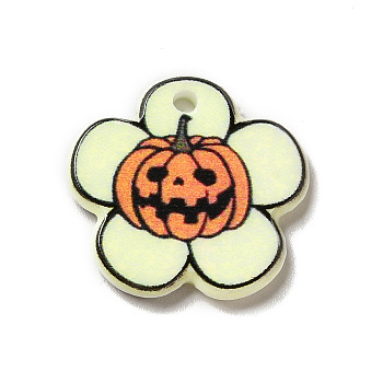 Halloween Printed Acrylic Pendants, Pumpkin Pattern Charm, Flower, 20x21x2.5mm, Hole: 2mm