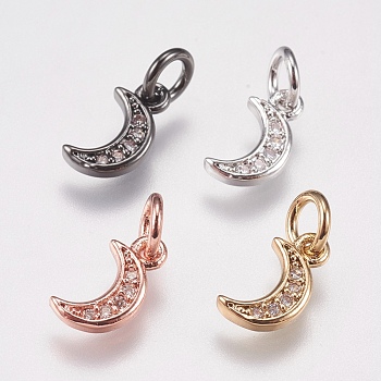 Brass Micro Pave Cubic Zirconia Charms, Moon, Mixed Color, 9x5x1mm, Hole: 3.5mm