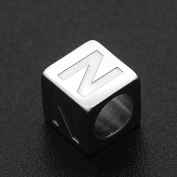 201 Stainless Steel European Beads, Large Hole Beads, Horizontal Hole, Cube, Stainless Steel Color, Letter.N, 7x7x7mm, Hole: 5mm