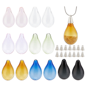 Elite 14Pcs 7 Colors Blown Glass Teardrop Bubble Vial, for Wish Bottle Pendant Making, Mixed Color, 31x18mm, Hole: 2.8mm