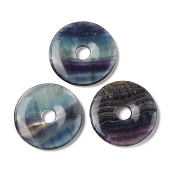 Natural Fluorite Pendants, Donut/Pi Disc Charms, 39~40x6mm, Hole: 6mm