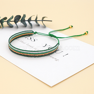 Glass Seed Braided Bead Bracelet, Stripe Pattern Friendship Bracelet for Women, Green, 11 inch(28cm)(BJEW-C011-21A)