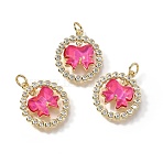 Brass Micro Pave Cubic Zirconia Pendants, Bowknot, with Glass & Loop, Long-Lasting, Lead Free & Cadmium Free, Faceted, Hot Pink, Real 18K Gold Plated, 19.5x17x5mm, Hole: 3mm(KK-Q043-07G-01)