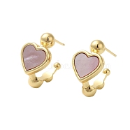 Shell Heart Stud Earrings, with Ion Plating(IP) Golden Plated Brass Findings, 925 Sterling Silver Pin, Golden, Pink, 20.5x12mm(EJEW-K287-01G-12)