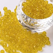 Glass Seed Beads, Transparent, Round, Yellow, 6/0, 4mm, Hole: 1.5mm, about 1000pcs/100g(X1-SEED-A004-4mm-10)