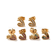 Heart with Crown 304 Stainless Steel Rhinestone Stud Earrings, 316 Surgical Stainless Steel Pin Ear Studs, with Ear Nuts, Golden, Mixed Color, 9x7.5mm, Pin: 0.7mm(EJEW-A081-16G)