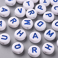 Opaque White Acrylic Beads, with Enamel, Horizontal Hole, Flat Round with Random Initial Letter, Blue, 9.5x4.5mm, Hole: 2mm, 1580pcs/500g(SACR-T338-12C)