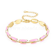 Brass Micro Pave Cubic Zirconia Link Chain Bracelet for Women, Enamel Oval Bracelets, Nickel Free, Real 18K Gold Plated, Pearl Pink, 6-7/8 inch(17.5cm), 7mm(BJEW-T020-05G-07)