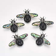Synthetic Blue Goldstone Brooches/Pendants, with Rhinestone and Alloy Findings, Abalone Shell/Paua Shelland Resin Bottom, Bee, Antique Silver, 36x56.5x14mm, Hole: 7x4mm, Pin: 0.7mm(G-S353-08A)