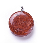 Resin Pendants, with Natural Red Jasper Chips Inside, Long-Lasting Plated Brass Findings, Flat Round, Platinum, 39~40x34.5~35.5x10~12mm, Hole: 7~8x4.5~5mm(KK-D531-01A)