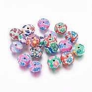 Handmade Polymer Clay Flat Round Beads, with Flower Pattern, Mixed Color, 11~12x6~7mm, Hole: 3mm(X-CLAY-Q217-07)