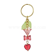 Bowknot & Heart Glass Pendant Decorations, with Acrylic Leaf/Flower Charm amd Iron Split Key Rings, Red, 8.8cm(KEYC-JKC00691-01)