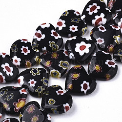Handmade Millefiori Lampwork Beads Strands, Heart, Black, 11~12x12x4~5mm, Hole: 1mm, about 32~33pcs/strand, 12.72 inch~13.78 inch(32.3~35cm)(LAMP-N023-001B)