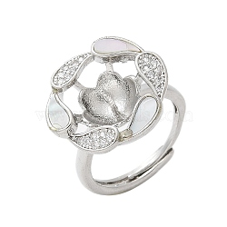 Flower Brass Shell & Cubic Zirconia Adjustable Ring Settings, for Half Drilled Beads, Rack Plating, Long-Lasting Plated, Lead Free & Cadmium Free, Platinum, Inner Diameter: 16mm, Tray: 17x18.5mm, Pin: 5x0.8mm(KK-K297-07P)