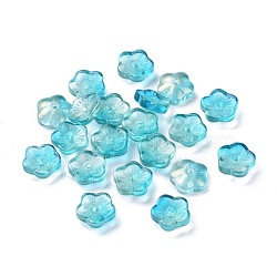 Transparent Glass Beads, with Glitter Gold Powder, Flowers, Cyan, 8x3mm, Hole: 1mm(GGLA-M004-02C-01)