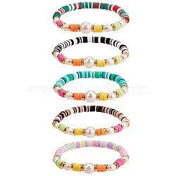 5Pcs 5 Colors Polymer Clay Heishi Beaded Stretch Bracelets Sets, with Natural Pearl Beads, Brass Beads and Velvet Bags, Golden, Mixed Color, Inner Diameter: 2-3/8 inch(6.1cm), 1pc/color(BJEW-SZ0001-55)