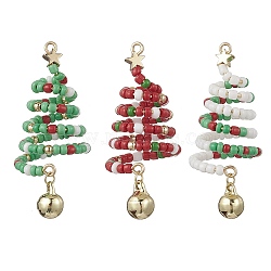3Pcs 3 Colors Glass Seed Beaded Christmas Tree Big Pendants, with Brass Bell & 304 Stainless Steel Jump Rings, Mixed Color, 52~56x24~25mm, Hole: 1.6~1.8mm, 1pc/color(PALLOY-TA00330)