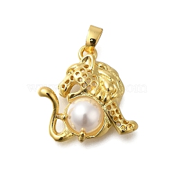 Leopard Rack Plating Brass Pendants, with ABS Imitation Pearl, Lead Free & Cadmium Free, Real 18K Gold Plated, 19x19x5.5mm, Hole: 4x2.5mm(KK-M079-20G)