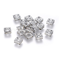 Brass Rhinestone Spacer Beads, Grade A, Nickel Free, Platinum Metal Color, Square, Crystal, 6x6x3mm, Hole: 1mm(RB-A013-6x6-01P-NF)
