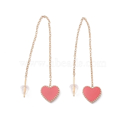 Long Chain with Enamel Heart Dangle Stud Earrings, 304 Stainless Steel Ear Thread for Women, Golden, Indian Red, 101mm, Pin: 1mm(EJEW-A067-01G-B)