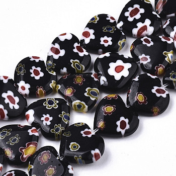 Handmade Millefiori Lampwork Beads Strands, Heart, Black, 11~12x12x4~5mm, Hole: 1mm, about 32~33pcs/strand, 12.72 inch~13.78 inch(32.3~35cm)