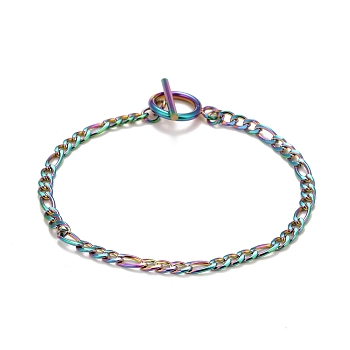 Ion Plating(IP) Rainbow Color 304 Stainless Steel Chain Bracelets for Women or Men, Figaro Chain Bracelets, 8 inch(20.3cm)