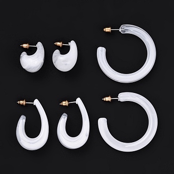 C-shape Resin Stud Earrings Set, Half Hoop Earrings, Open Hoop Earrings for Women, White, 23~40.5x6~14mm, Pin: 0.7mm, 3 pairs/set