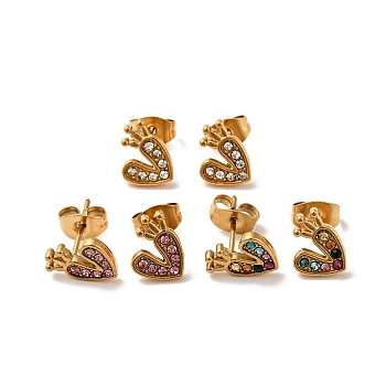 Heart with Crown 304 Stainless Steel Rhinestone Stud Earrings, 316 Surgical Stainless Steel Pin Ear Studs, with Ear Nuts, Golden, Mixed Color, 9x7.5mm, Pin: 0.7mm