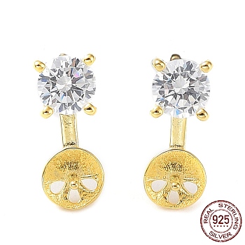 925 Sterling Silver with Cubic Zirconia Stud Earring Findings, with S925 Stamp, for Half Drilled Pearl Beads, Flat Round, Real 18K Gold Plated, 12x4.8mm, Pin: 0.7mm & 0.8mm