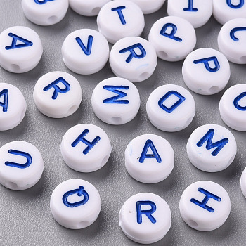 Opaque White Acrylic Beads, with Enamel, Horizontal Hole, Flat Round with Random Initial Letter, Blue, 9.5x4.5mm, Hole: 2mm, 1580pcs/500g