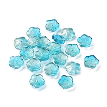Transparent Glass Beads, with Glitter Gold Powder, Flowers, Cyan, 8x3mm, Hole: 1mm
