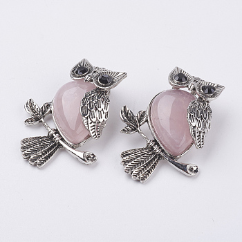 Natural Rose Quartz Pendants, with Alloy Finding, Owl, Antique Silver, 46.5x35.5x11.5mm, Hole: 6x8.5mm