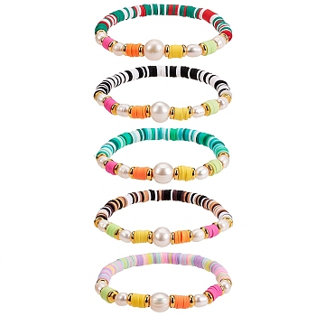 5Pcs 5 Colors Polymer Clay Heishi Beaded Stretch Bracelets Sets, with Natural Pearl Beads, Brass Beads and Velvet Bags, Golden, Mixed Color, Inner Diameter: 2-3/8 inch(6.1cm), 1pc/color