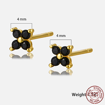Golden Sterling Silver Flower Stud Earrings, with Cubic Zirconia, with S925 Stamp, Black, 4x4mm