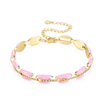 Brass Micro Pave Cubic Zirconia Link Chain Bracelet for Women, Enamel Oval Bracelets, Nickel Free, Real 18K Gold Plated, Pearl Pink, 6-7/8 inch(17.5cm), 7mm