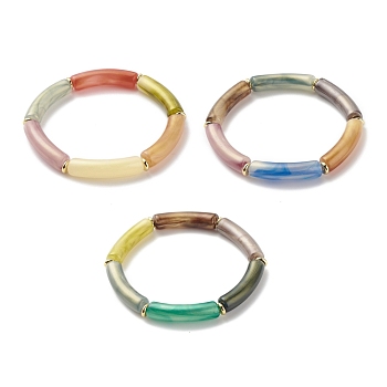 Acrylic Curved Tube Beaded Stretch Bracelet for Women, Mixed Color, Inner Diameter: 2-1/4 inch(5.6cm)
