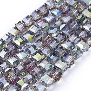 Electroplate Glass Bead Strands, Faceted, Cube, Clear, 6x6x6mm, Hole: 1mm, about 100pcs/strand, 21.6 inch