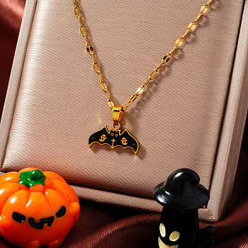 Stainless Steel Enamel Halloween Ghost Bat Pendant Dapped Chain Necklaces, Golden, Black, 15.75 inch(40cm)