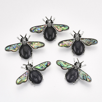Synthetic Blue Goldstone Brooches/Pendants, with Rhinestone and Alloy Findings, Abalone Shell/Paua Shelland Resin Bottom, Bee, Antique Silver, 36x56.5x14mm, Hole: 7x4mm, Pin: 0.7mm