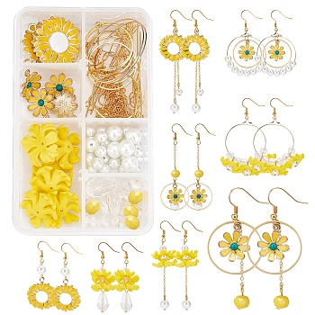SUNNYCLUE 198Pcs DIY Yellow Flower Style Earring Making Kits, Including Flower Alloy Pendants, Glass Beads, Brass Findings, Iron Jump Ring & Pins, Golden
