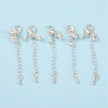 Chain Extender, with Brass End Piece, Iron Bead Tips and Alloy Lobster Claw Clasps, Silver Color Plated, 77mm, Clasps: 12x6mm, Bead Tips Hole: about 1.5mm