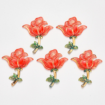 Valentine's Day Theme, Transparent Acrylic Links connectors, with Plated Bottom, Rose, Orange Red, 51x41x5.5mm, Hole: 0.9mm