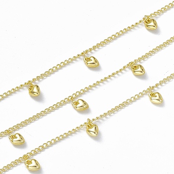Handmade Brass Curb Chains, with CCB Plastic Heart Charms, Soldered, with Spool, Real 18K Gold Plated, Link: 2.5x1.8x0.3mm