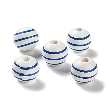 Printed Wood European Beads, Round with Stripe Pattern, Steel Blue, 15.5~16x14.5~15mm, Hole: 4mm