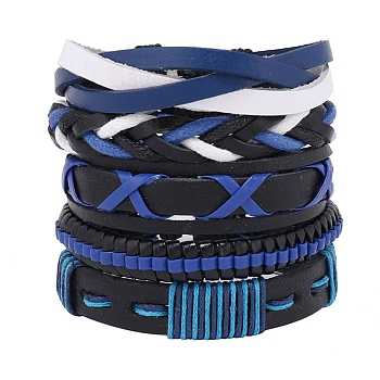 5Pcs 5 Style Adjustable Braided Imitation Leather Cord Bracelet Sets with Waxed Cord for Men, Blue, Inner Diameter: 2-1/8~3-1/8 inch(5.5~80cm), 1Pc/style