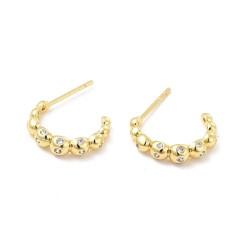 Clear Cubic Zirconia Beaded C-shape Stud Earrings, Brass Half Hoop Earrings for Women, Cadmium Free & Lead Free, Real 18K Gold Plated, 16x3.5mm, Pin: 0.8mm