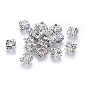 Brass Rhinestone Spacer Beads, Grade A, Nickel Free, Platinum Metal Color, Square, Crystal, 6x6x3mm, Hole: 1mm