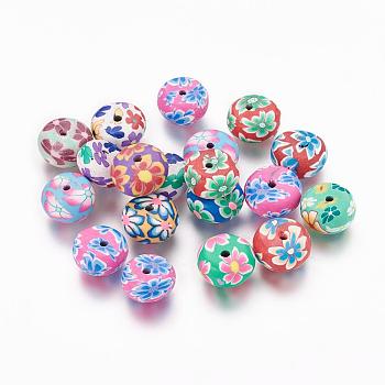 Handmade Polymer Clay Flat Round Beads, with Flower Pattern, Mixed Color, 11~12x6~7mm, Hole: 3mm